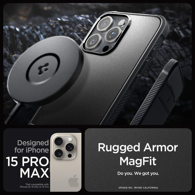 Spigen - Pouzdro Rugged Armor s MagSafe pro iPhone 15 Pro Max, Matte Black