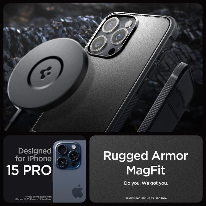 Spigen - Pouzdro Rugged Armor s MagSafe pro iPhone 15 Pro, Matte Black