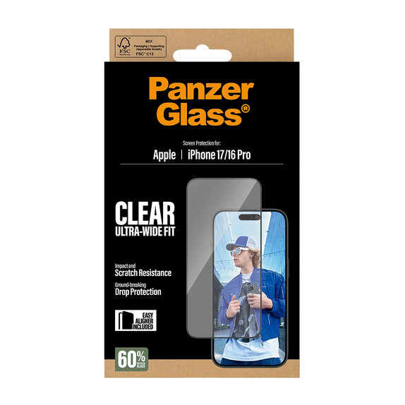 Tvrzené sklo UWF s aplikátorem pro iPhone 17/16 Pro, Černá, PanzerGlass