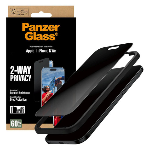 Tvrzené sklo UWF 2-Way Privacy s aplikátorem pro iPhone 17 Air, Černá, PanzerGlass