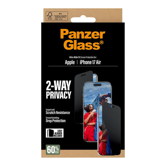 Tvrzené sklo UWF 2-Way Privacy s aplikátorem pro iPhone 17 Air, Černá, PanzerGlass