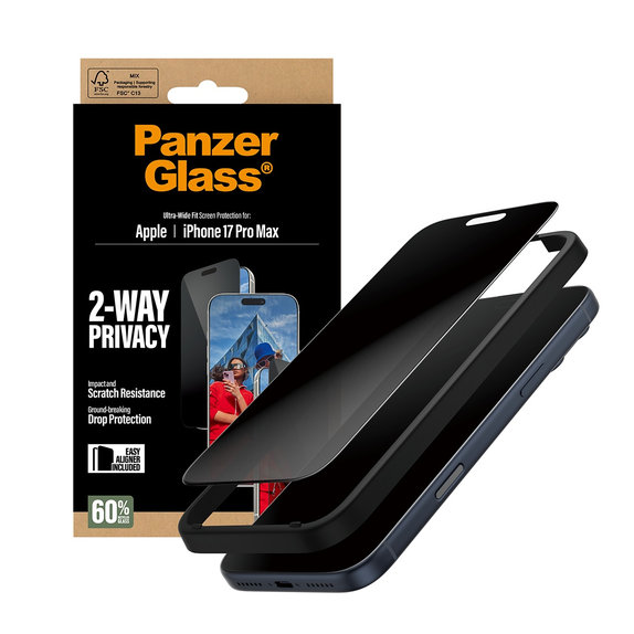Tvrzené sklo UWF 2-Way Privacy s Fastfit pro iPhone 17 Pro Max, Černá, PanzerGlass