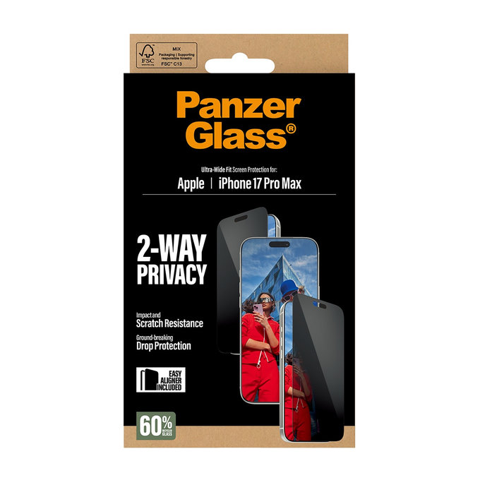 Tvrzené sklo UWF 2-Way Privacy s Fastfit pro iPhone 17 Pro Max, Černá, PanzerGlass
