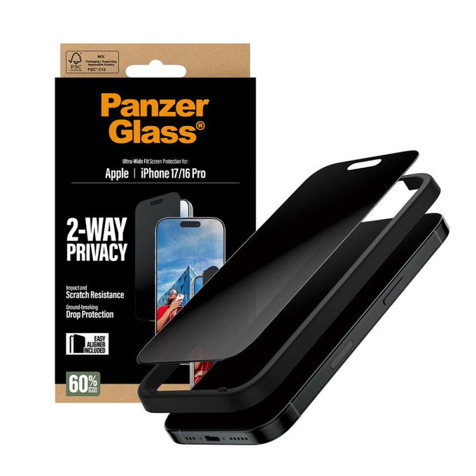 PanzerGlass - Tvrzené sklo UWF 2-Way Privacy s aplikátorem pro iPhone 17/16 Pro, černá