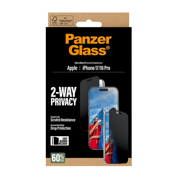 Tvrzené sklo UWF 2-Way Privacy s Fastfit pro iPhone 17/16 Pro, Černá, PanzerGlass