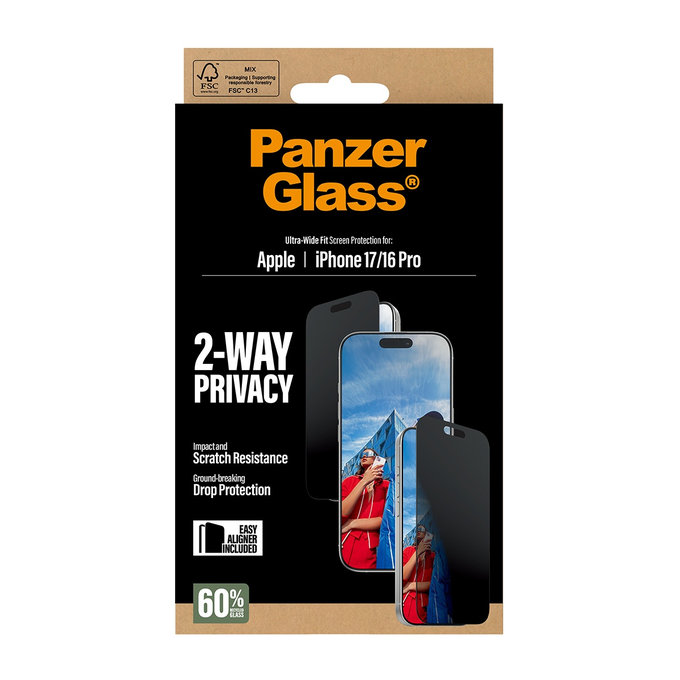 Tvrzené sklo UWF 2-Way Privacy s Fastfit pro iPhone 17/16 Pro, Černá, PanzerGlass