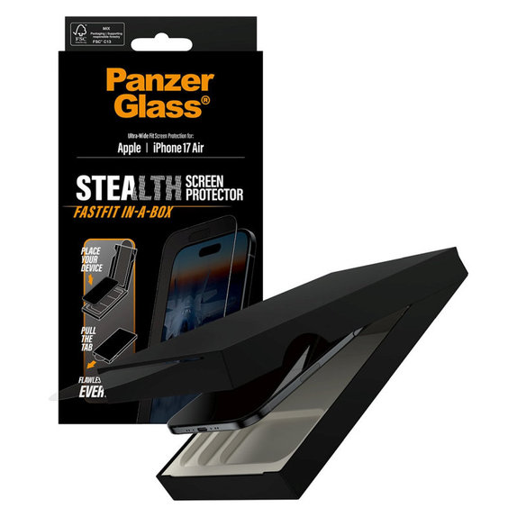 Tvrzené sklo UWF Stealth s Fastfit pro iPhone 17 Air, Černá, PanzerGlass