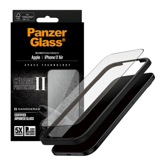 Tvrzené sklo UWF Ceramic II s aplikátorem pro iPhone 17 Air, Černá, PanzerGlass