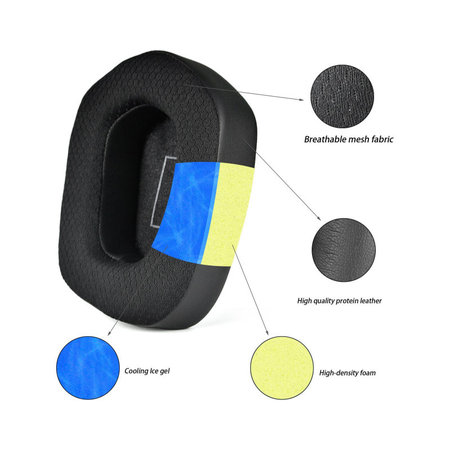 Náhradní Náušníky pro Logitech G733, Paměťová pěna + Textil + Kůže, Černé, Chladivý gel, 1 pár