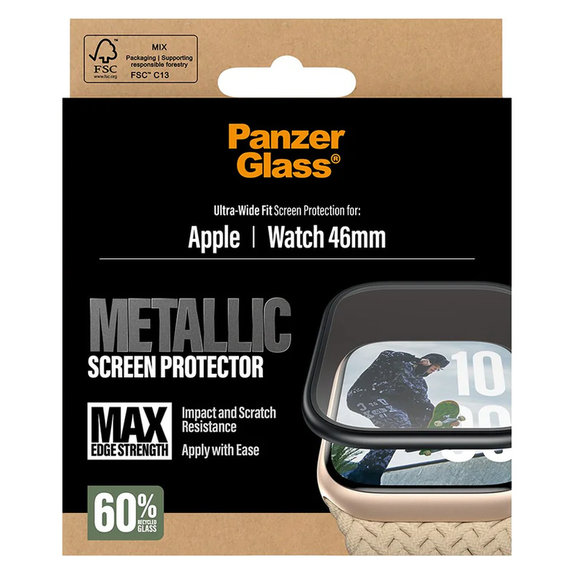 Tvrzené sklo UWF METALLIC pro Apple Watch 11/10 46 mm, Černá, PanzerGlass