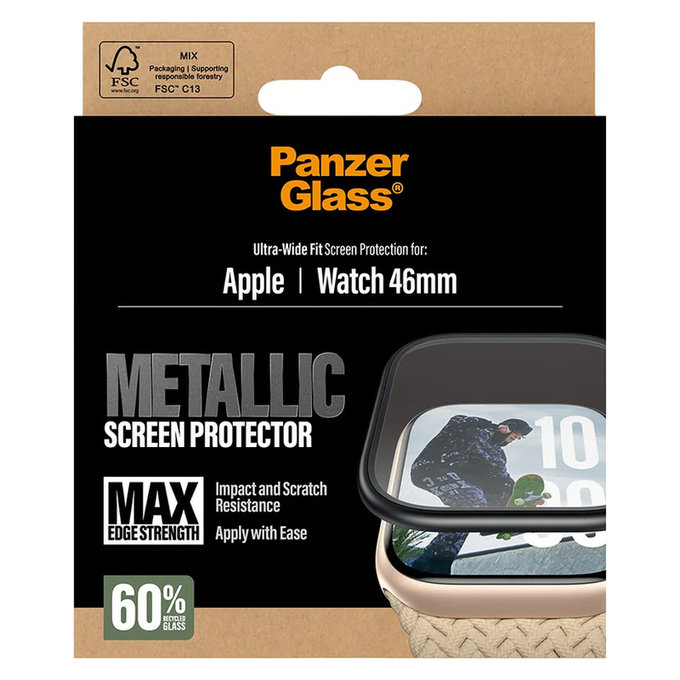 Tvrzené sklo UWF METALLIC pro Apple Watch 11/10 46 mm, Černá, PanzerGlass