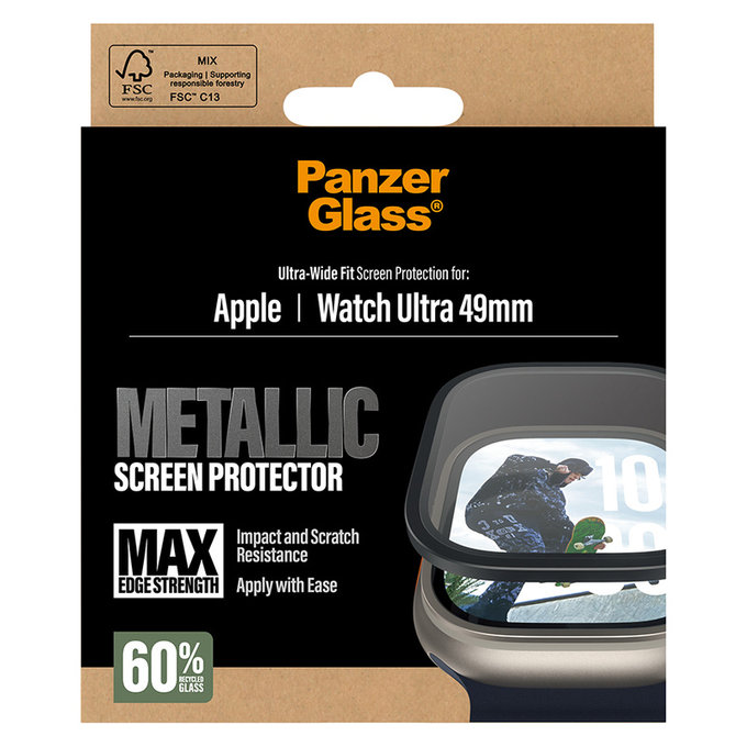 Tvrzené sklo UWF METALLIC pro Apple Watch Ultra 49 mm, Černá, PanzerGlass