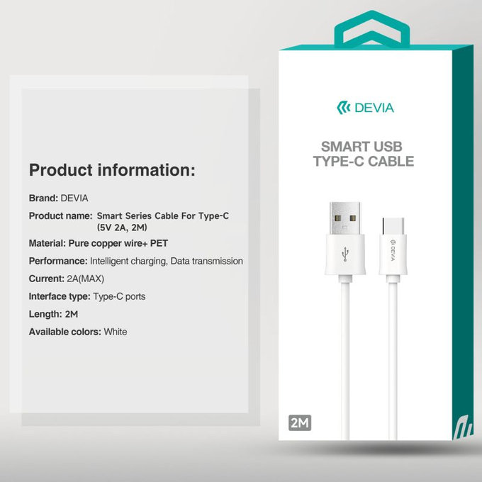 USB / USB-C kabel Smart, 2.1A, 2m, bílá, Devia