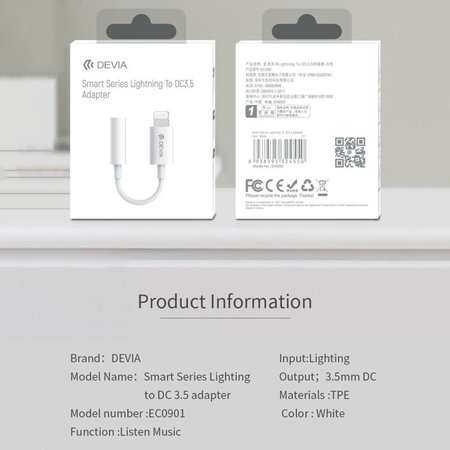 Adaptér Smart 3,5mm Jack / Lightning, bílá, Devia