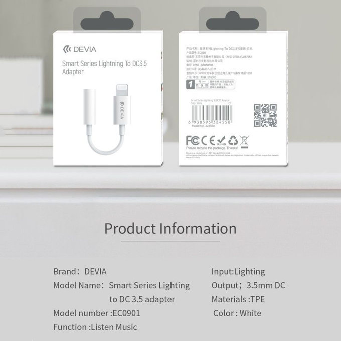 Adaptér Smart 3,5mm Jack / Lightning, bílá, Devia