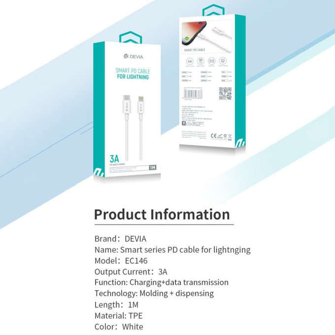 Lightning / USB-C kabel Smart, PD 20W, 1m, bílá, Devia