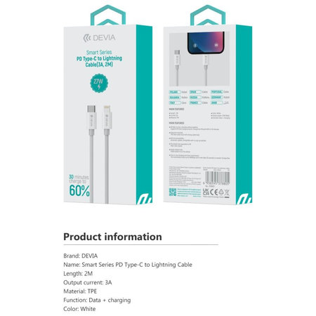 Lightning / USB-C kabel Smart, PD 27W, 2m, bílá, Devia