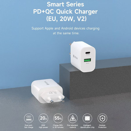 Nabíjecí adaptér Smart USB-C + USB-A, PD 20W, bílá, Devia