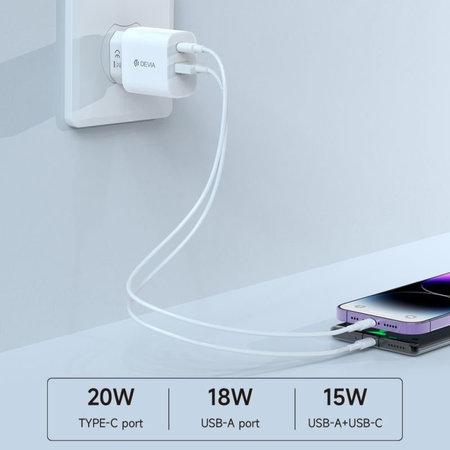 Nabíjecí adaptér Smart USB-C + USB-A, PD 20W, bílá, Devia
