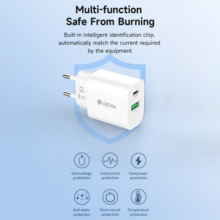 Nabíjecí adaptér Smart USB-C + USB-A, PD 20W, bílá, Devia