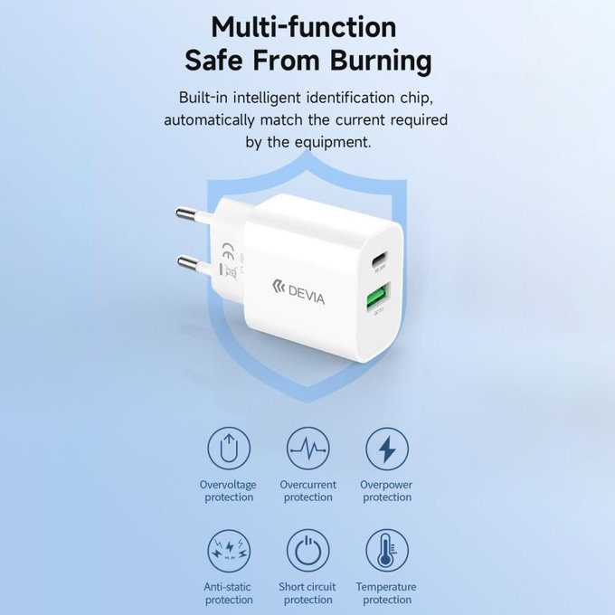 Nabíjecí adaptér Smart USB-C + USB-A, PD 20W, bílá, Devia