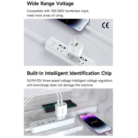 Nabíjecí adaptér Smart USB-C + USB-A, PD 20W, bílá, Devia