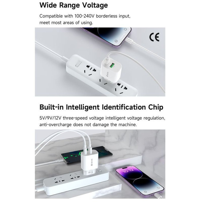 Nabíjecí adaptér Smart USB-C + USB-A, PD 20W, bílá, Devia