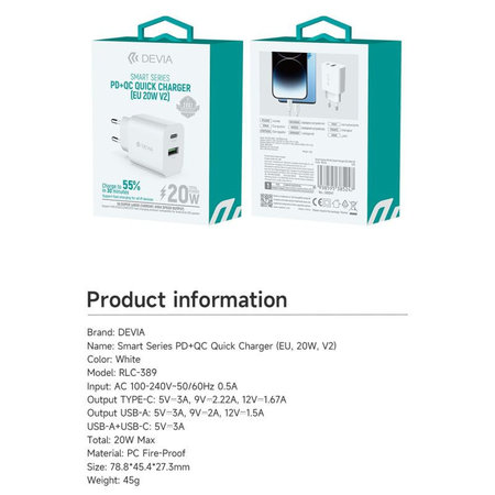 Nabíjecí adaptér Smart USB-C + USB-A, PD 20W, bílá, Devia