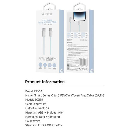 USB-C / USB-C kabel Smart, PD 60W, 1m, bílá, Devia