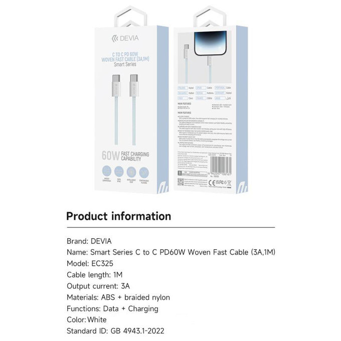 USB-C / USB-C kabel Smart, PD 60W, 1m, bílá, Devia