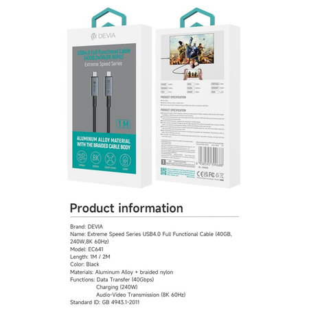 USB-C / USB-C kabel Extreme Speed, 240W, 8K 60Hz, 1m, černá, Devia