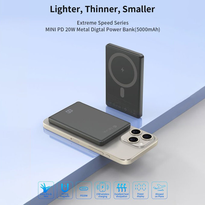 MagSafe Powerbanka Extreme Speed Mini s displejem, PD 20W, 5000mAh, Space Grey, Devia