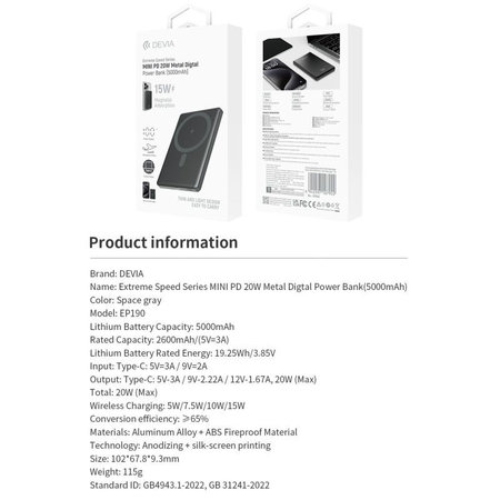 MagSafe Powerbanka Extreme Speed Mini s displejem, PD 20W, 5000mAh, Space Grey, Devia