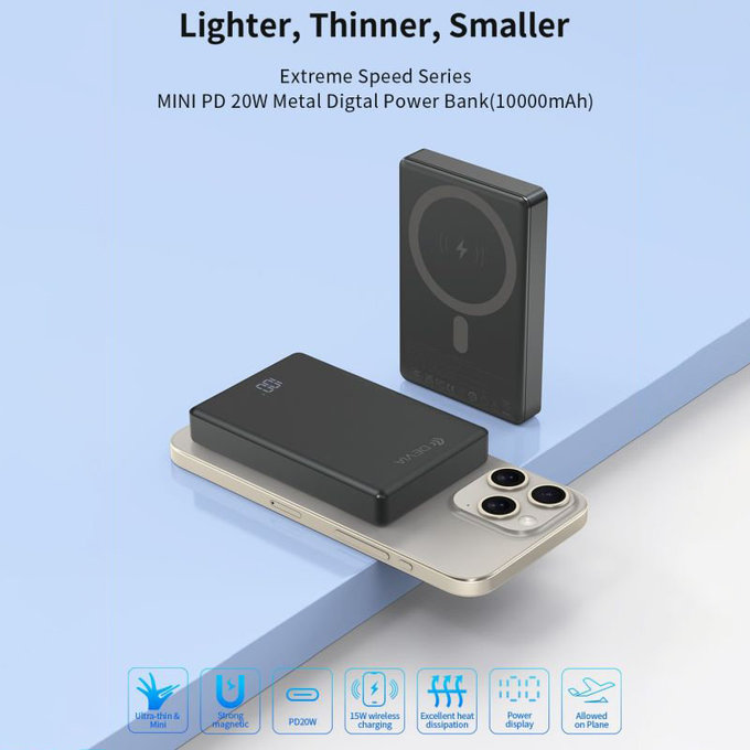 MagSafe Powerbanka Extreme Speed Mini s displejem, PD 20W, 10000mAh, Space Grey, Devia