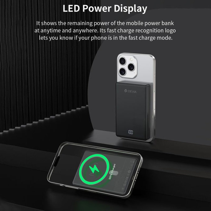 MagSafe Powerbanka Extreme Speed Mini s displejem, PD 20W, 10000mAh, Space Grey, Devia