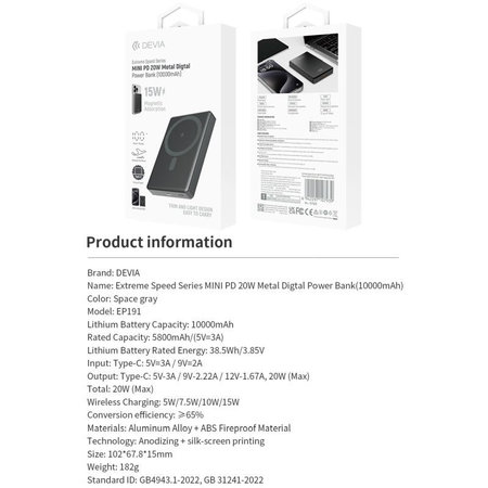 MagSafe Powerbanka Extreme Speed Mini s displejem, PD 20W, 10000mAh, Space Grey, Devia