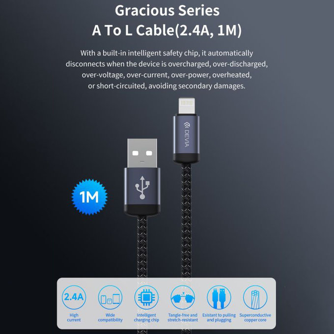 Lightning / USB kabel Gracious, 2,4A, 1m, černá, Devia