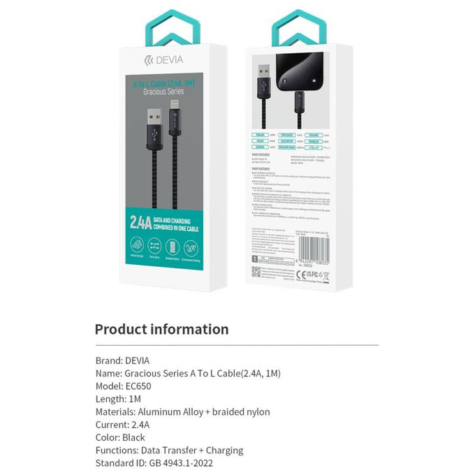 Lightning / USB kabel Gracious, 2,4A, 1m, černá, Devia