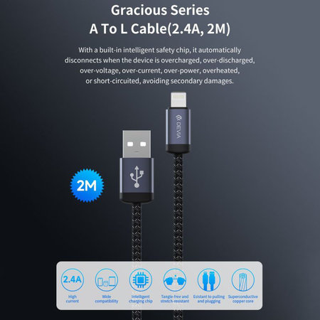 Lightning / USB kabel Gracious, 2,4A, 2m, černá, Devia