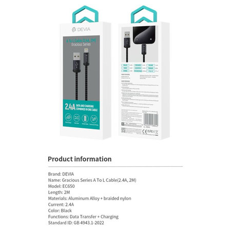 Lightning / USB kabel Gracious, 2,4A, 2m, černá, Devia