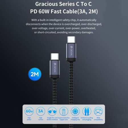 USB-C / USB-C kabel Gracious, PD 60W, 2m, černá, Devia