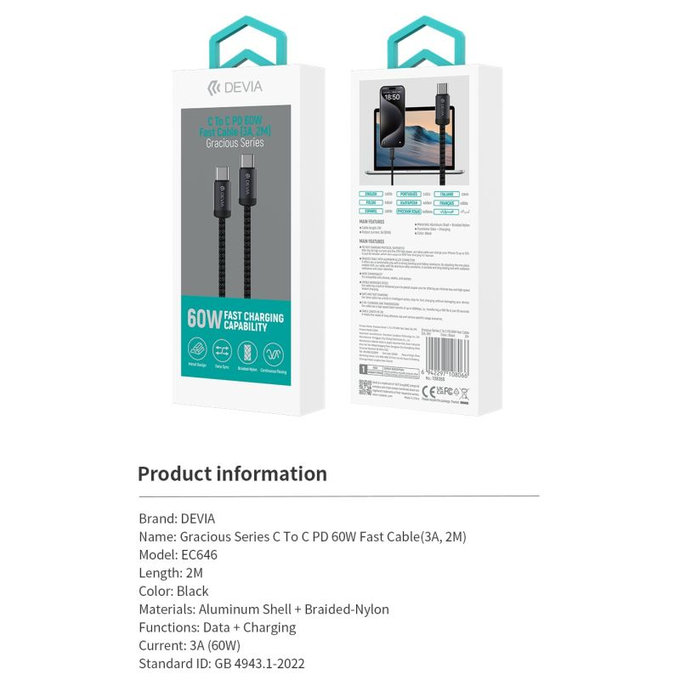 USB-C / USB-C kabel Gracious, PD 60W, 2m, černá, Devia