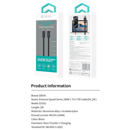 USB-C / USB-C kabel Extreme Speed, PD 240W, 2m, černá, Devia