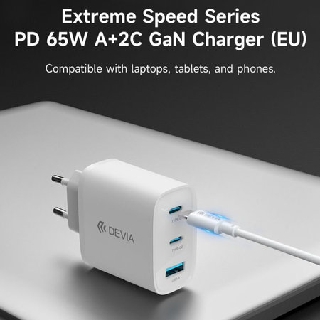 Nabíjecí adaptér Extreme Speed, 2x USB-C + USB-A, PD 65W, bílá, Devia