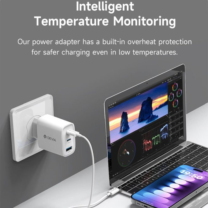 Nabíjecí adaptér Extreme Speed, 2x USB-C + USB-A, PD 65W, bílá, Devia