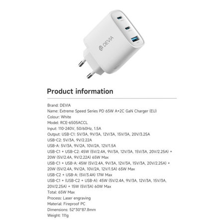 Nabíjecí adaptér Extreme Speed, 2x USB-C + USB-A, PD 65W, bílá, Devia