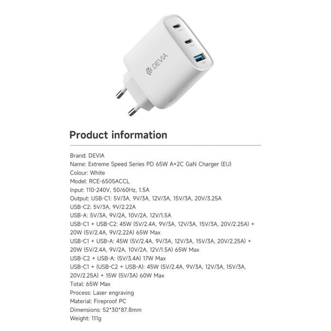 Nabíjecí adaptér Extreme Speed, 2x USB-C + USB-A, PD 65W, bílá, Devia