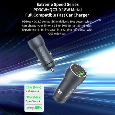 Autonabíječka Extreme Speed USB-C + USB-A, PD 30W, QC 3.0 18W, šedá, Devia