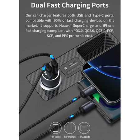 Autonabíječka Extreme Speed USB-C + USB-A, PD 30W, QC 3.0 18W, šedá, Devia