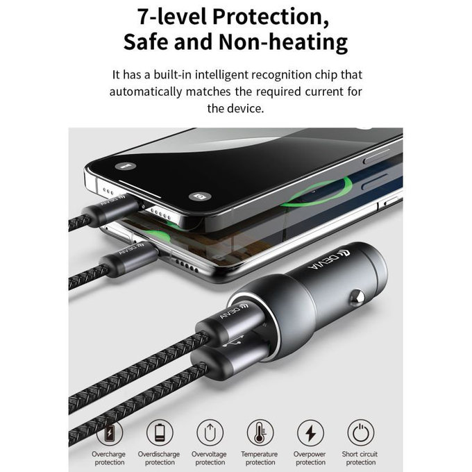 Autonabíječka Extreme Speed USB-C + USB-A, PD 30W, QC 3.0 18W, šedá, Devia